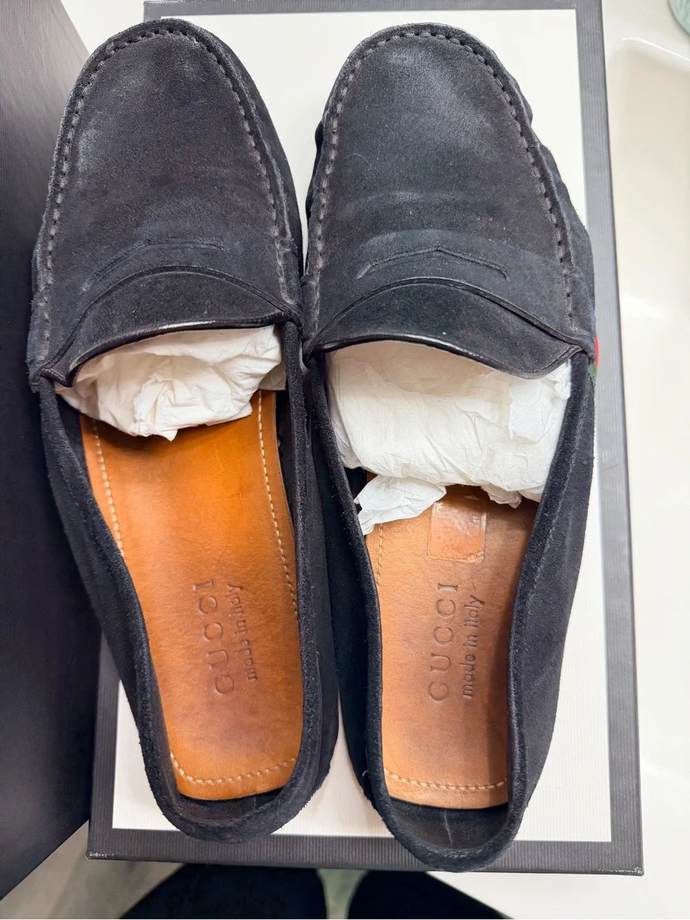 Gucci Black Suede Penny Loafers for Men size 10